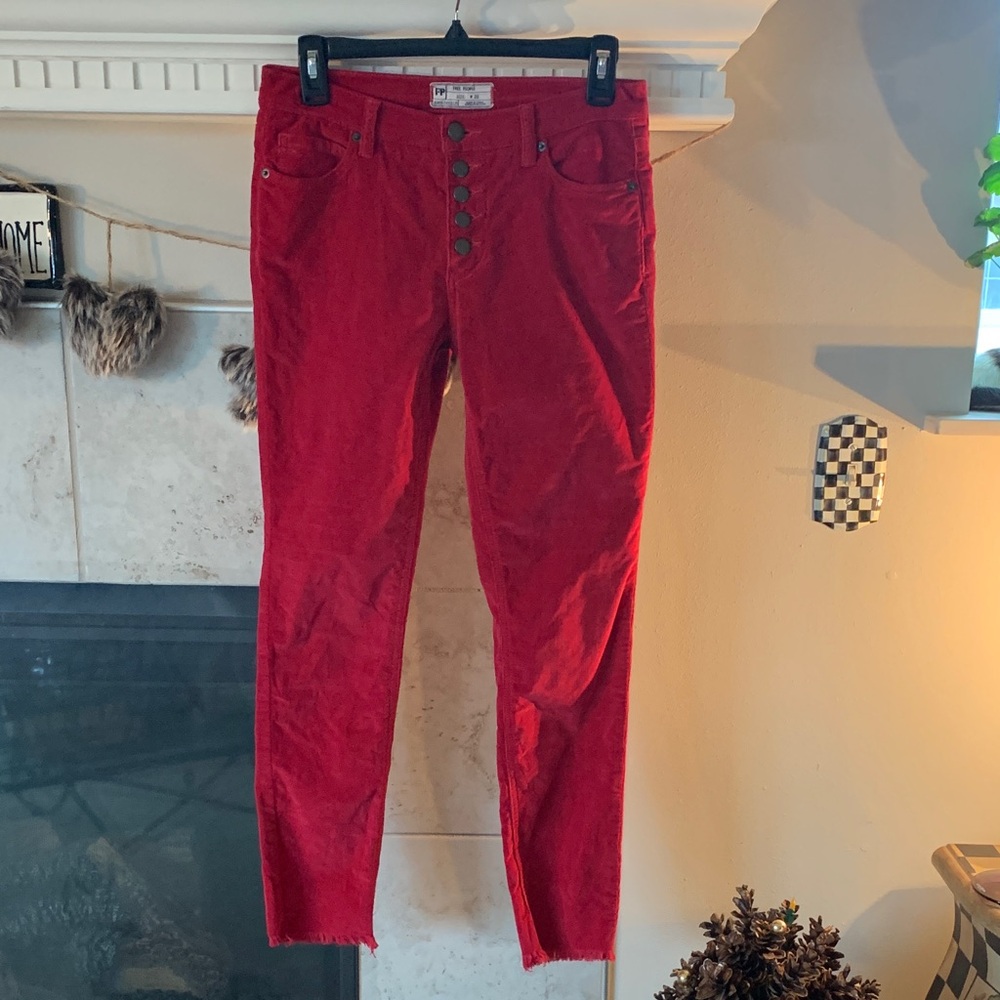 FP Free People Red Thin Wale Corduroy Skinny Jeans Raw Hem Size 25 EUC
